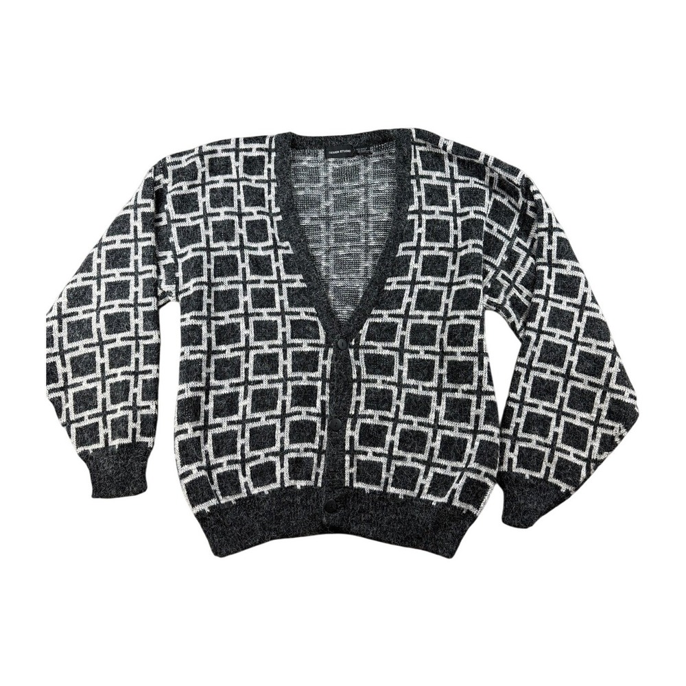 Vintage Design Studio Cardigan Men L Black Geometric Knit Korea Made 90s Indie